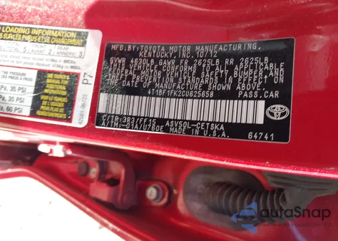 2012 Toyota Camry Se из США, поврежденный, VIN 4T1BF1FK2CU625658